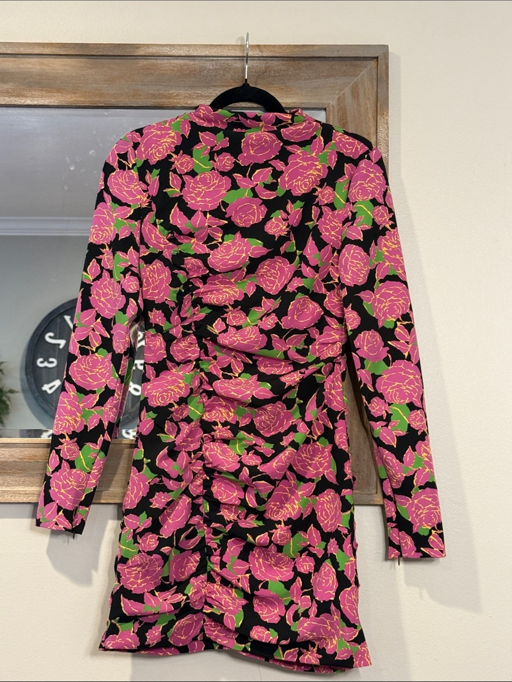 Zara Pink & Green Floral Ruched Long-Sleeve Mini Dress on Black